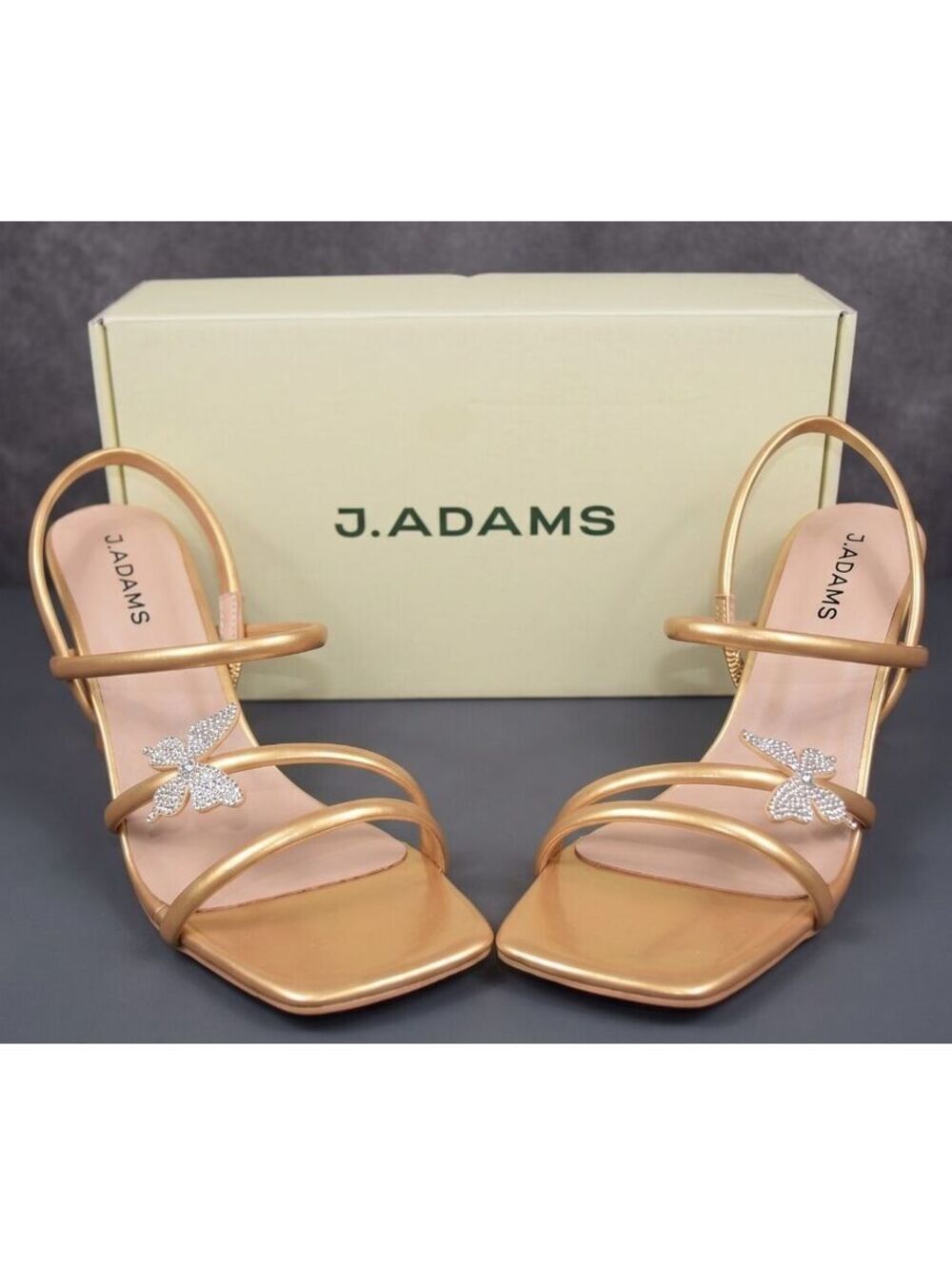 J. Adams Gold Strappy Sandals Crystal Butterfly Detail Square Toe New Size 11